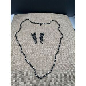 Bundle Set Ann Taylor Rhinestone Black Necklace with Bow Matching Earrings Vinta